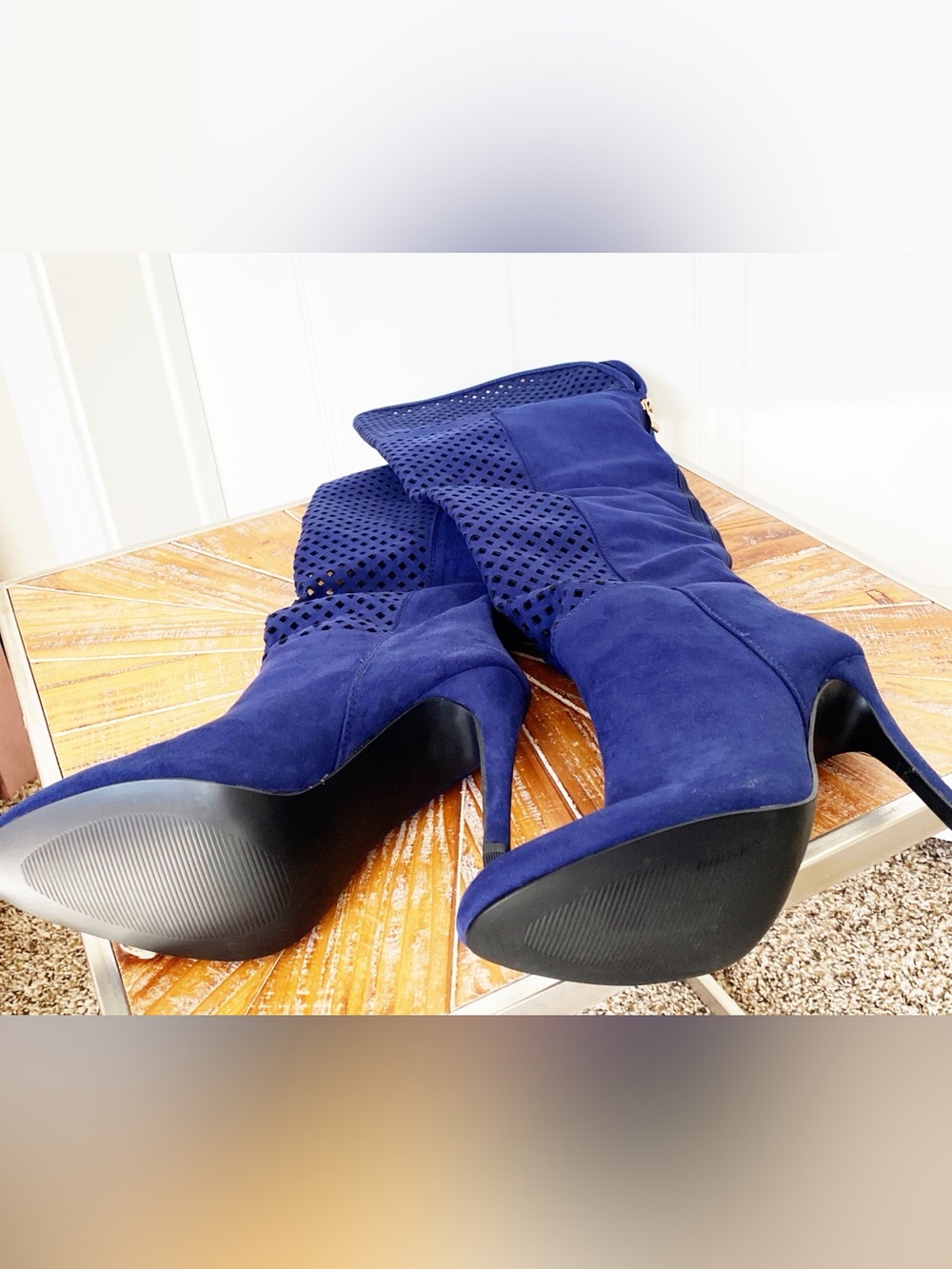 NIB Shoe Dazzle Navy Laser-cut Over The Knee Boots - Picture 4 of 14